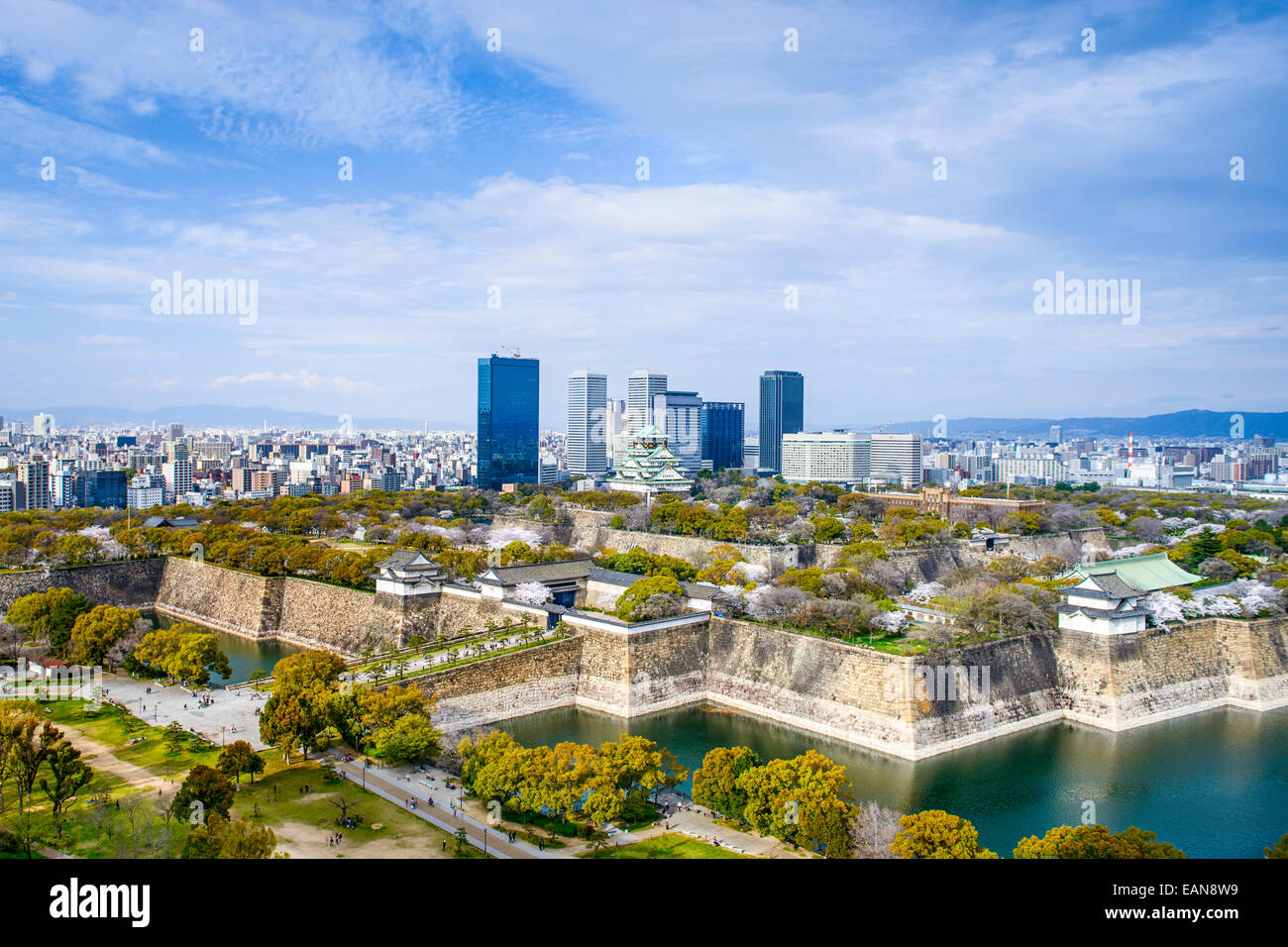 Osaka, Japan city skyline with Osaka Castle. Stock Photo