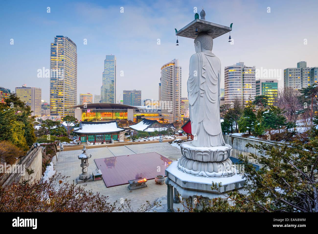 Seoul, South Korea cityscape at the Gangnam District as viewed from Bongeunsa Temple. Stock Photo