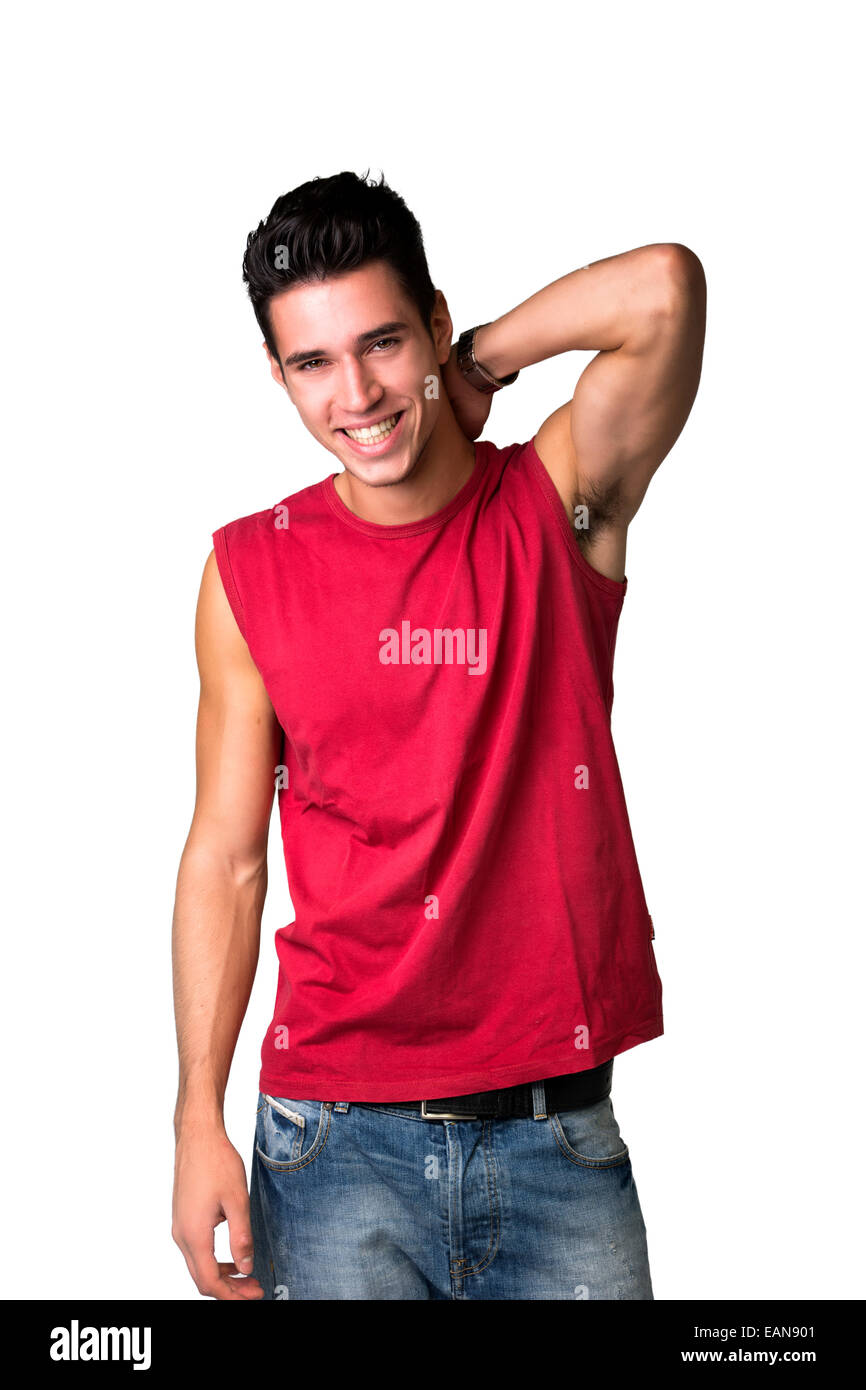 Handsome young man isolated on white background looking at camera with ...