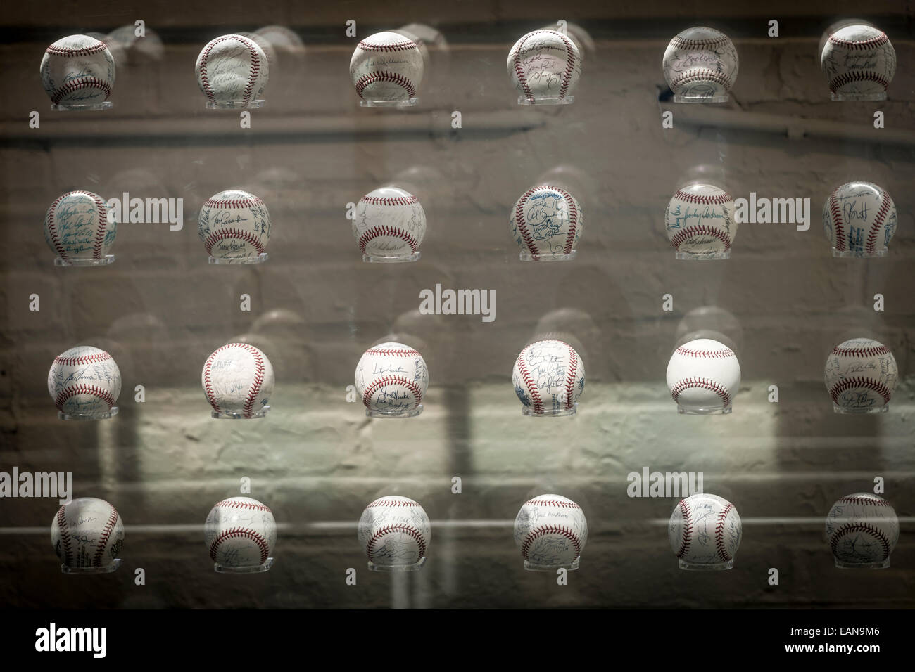 A showcase containing baseballs signed by some of  the sports greatest stars on display at Fenway Park, home to the Boston Red S Stock Photo