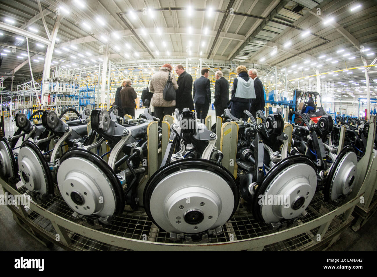 Front wheel axle for Mercedes ready for transport in the ZF Chassis Systems factory in Peking, China, 14 November 2014. At the automotive supply factory, axles for Merecedes C- and E-Class cars are assembled. Members of Lower Saxon Premier Weil's economic delegation visited the factory in Peking. Weil traveled through China with representatives from the economy, science, and politics  from 09-15 November 2014. Photo: Ole Spata/dpa Stock Photo