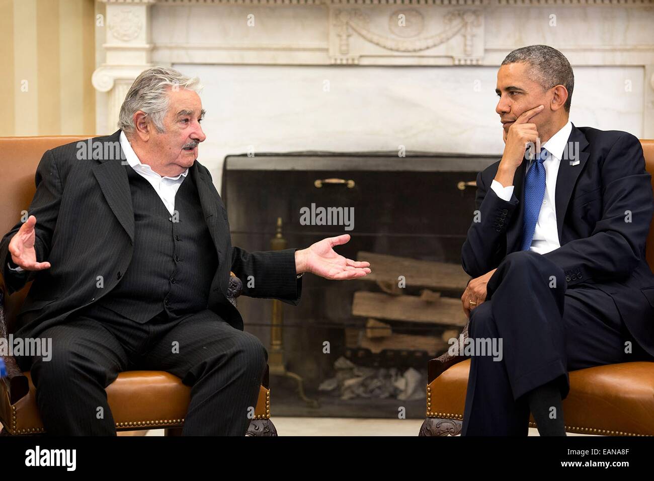 US President Barack Obama meets with Uruguay President José Mujica Cordano in the Oval Office of the White House May 12, 2014 in Stock Photo