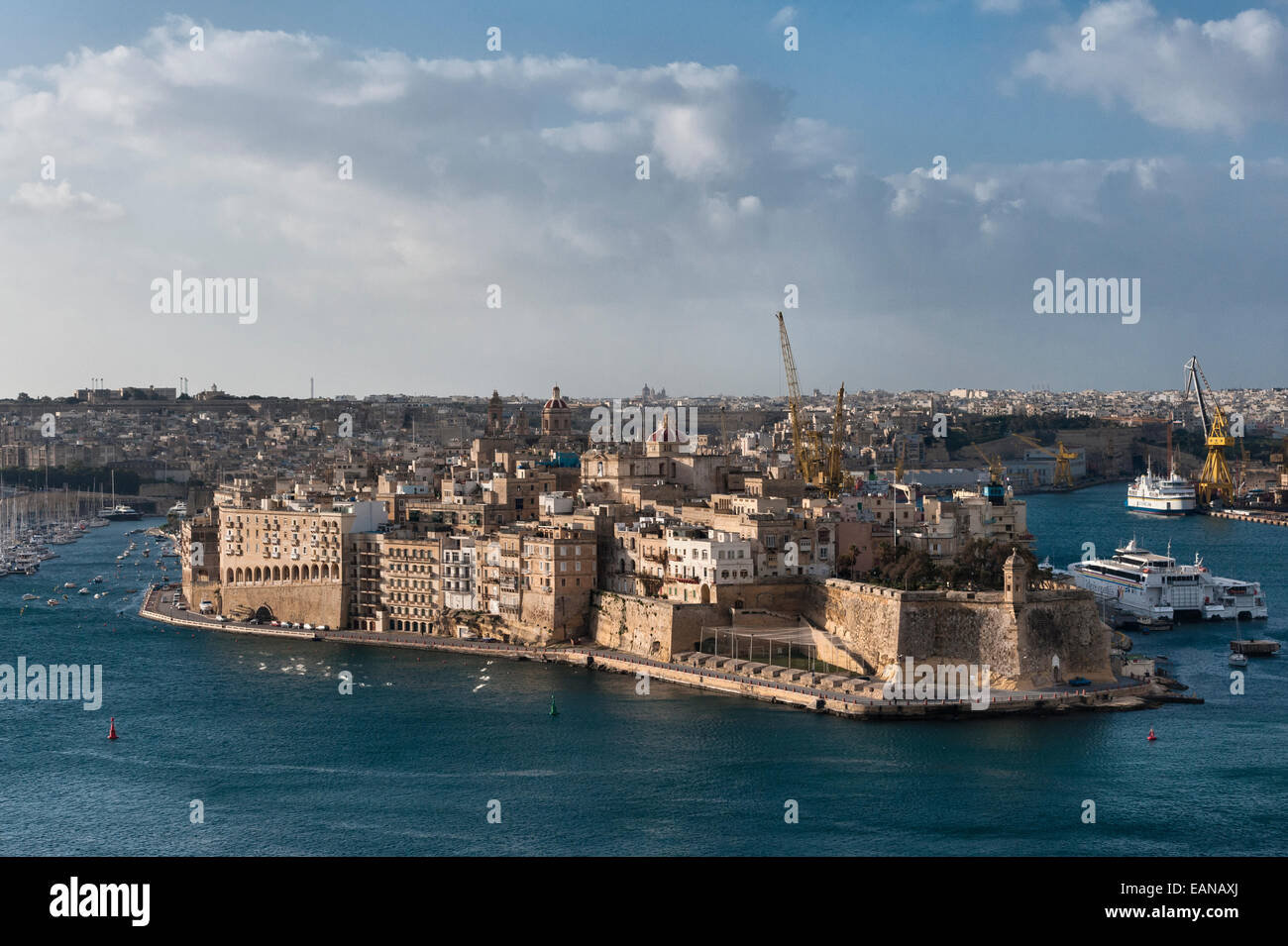 Fort Saint Michael and the Grand Harbour seen from the Upper Barrakka Gardens in Valletta, Malta Stock Photo