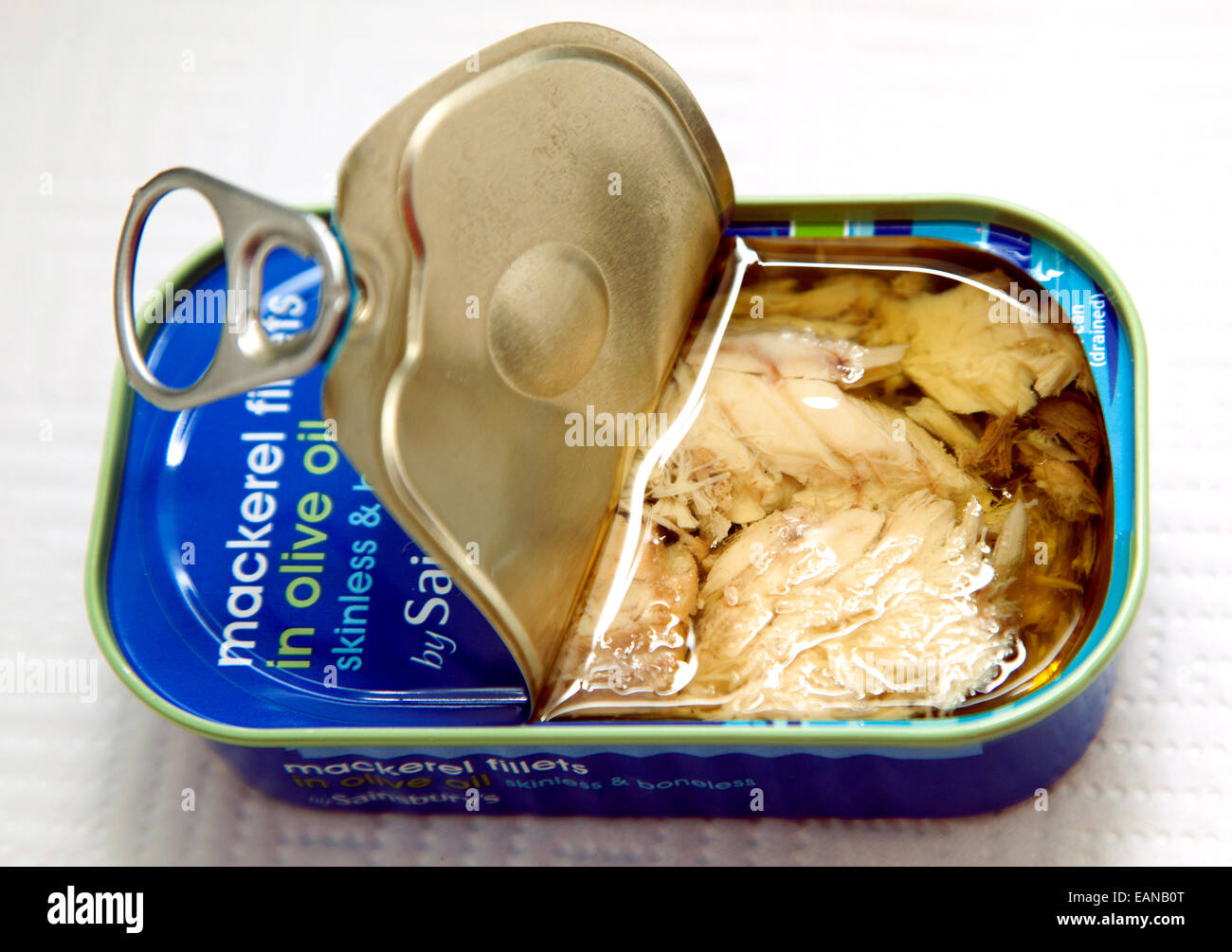 Tinned mackerel fillets in olive oil by Sainsbury's, London Stock Photo