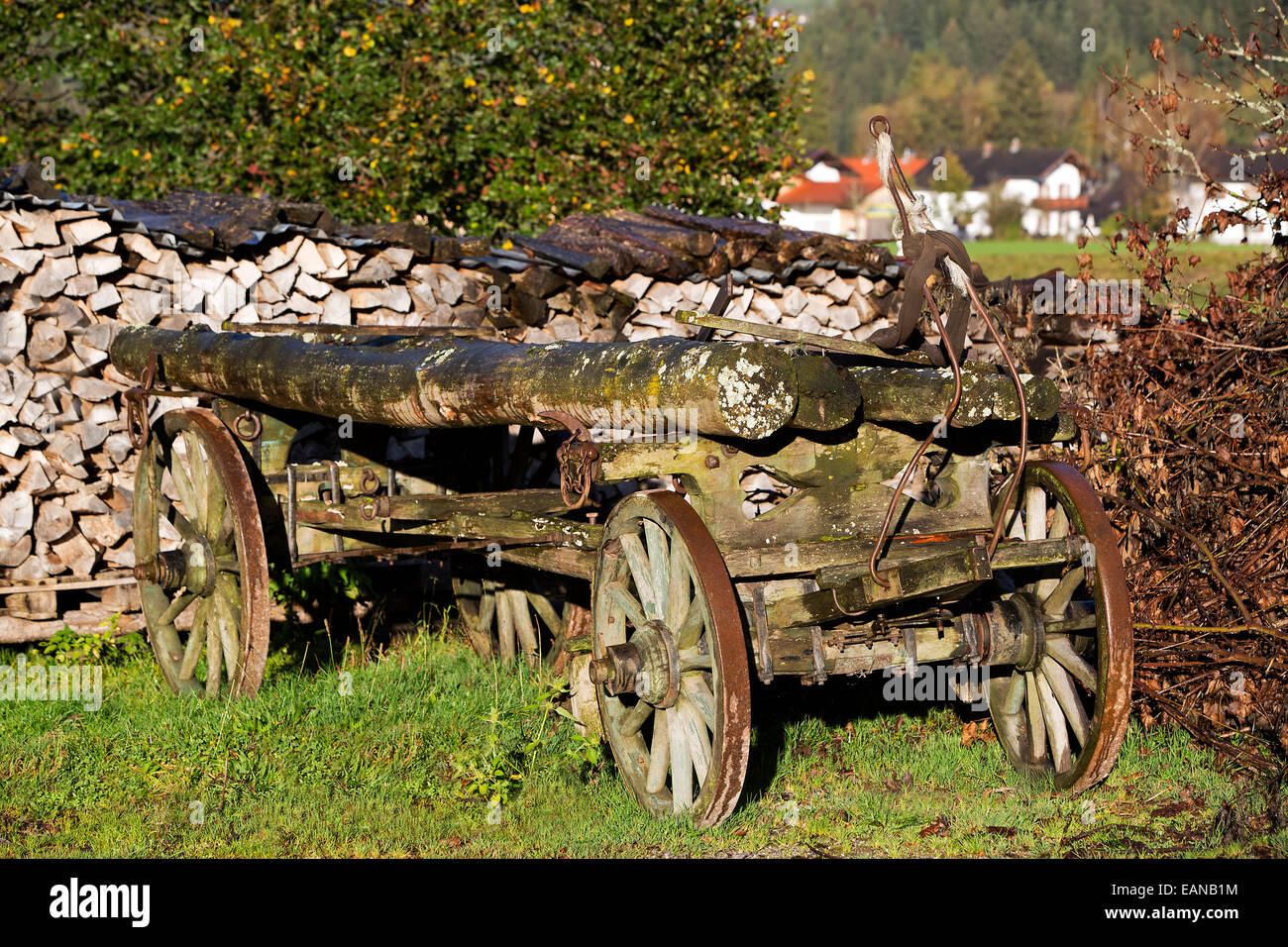 Old pile of wood in the bavarian countryside Stock Photo