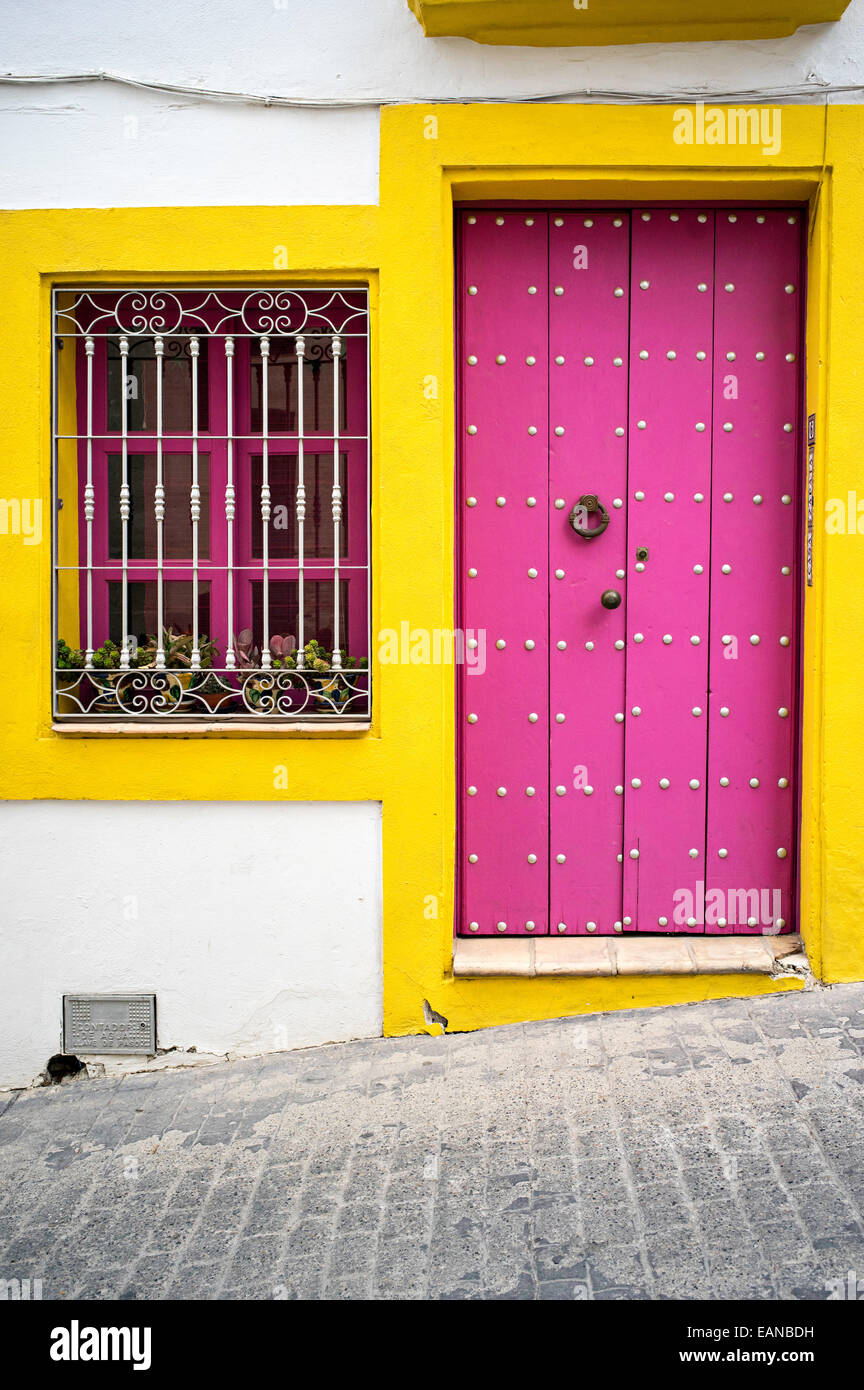Brightly coloured door and window, Lucainena de las Torries, Almeria Stock Photo