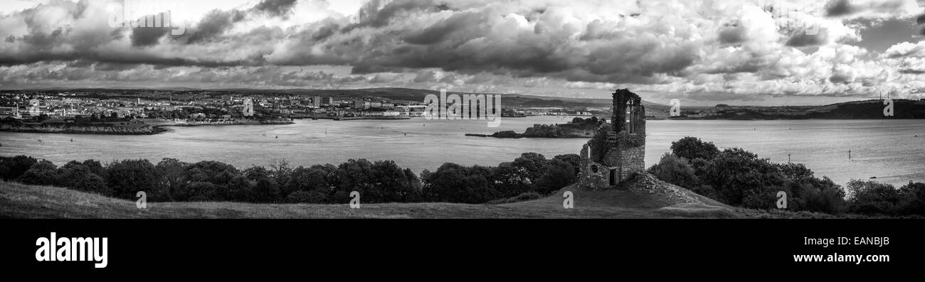 Plymouth Sound Panoramic View from Mount Edgecumbe Park Cornwall UK Stock Photo