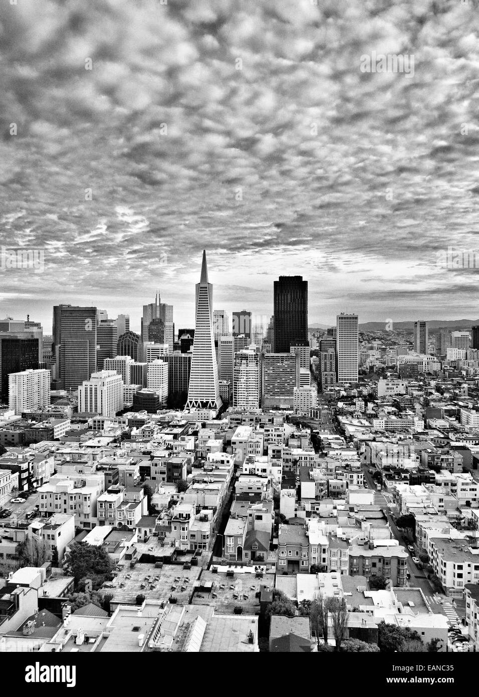 Black and white image of San Francisco under a low, ominous, cloudy sky Stock Photo
