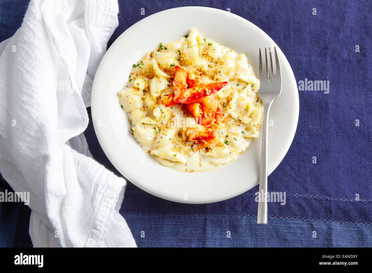 Lobster Mac and Cheese in a white plate with white napkin and dark navy table cloth Stock Photo