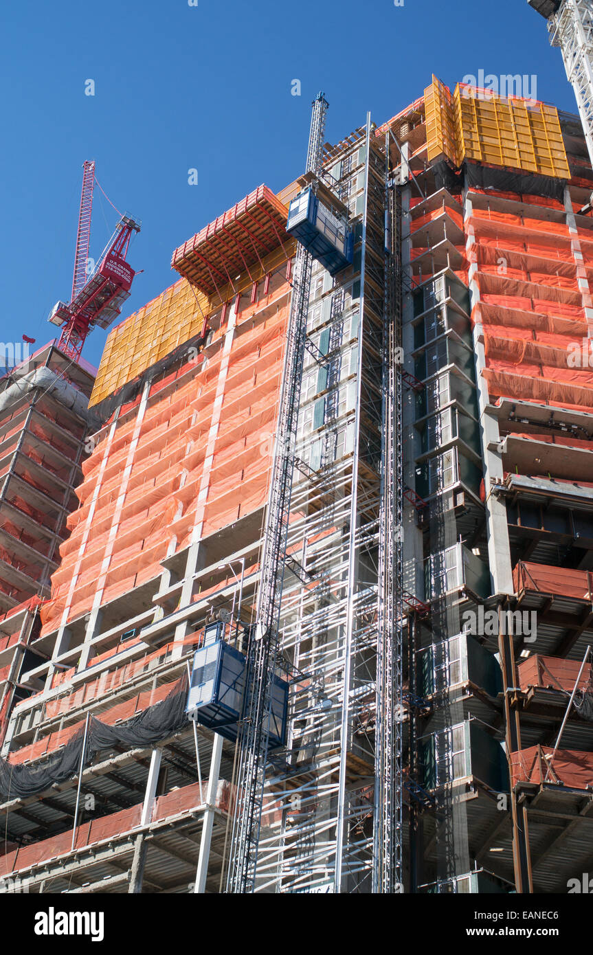A Stros construction hoist in use during building work in Brooklyn, New