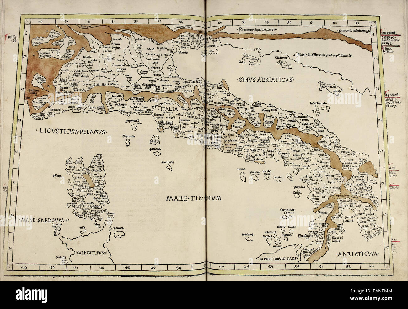 Map of Italy & Corsica from ‘Cosmographia’ by Claudius Ptolemy (Ptolemaeus) (90-168AD). See description for more information. Stock Photo
