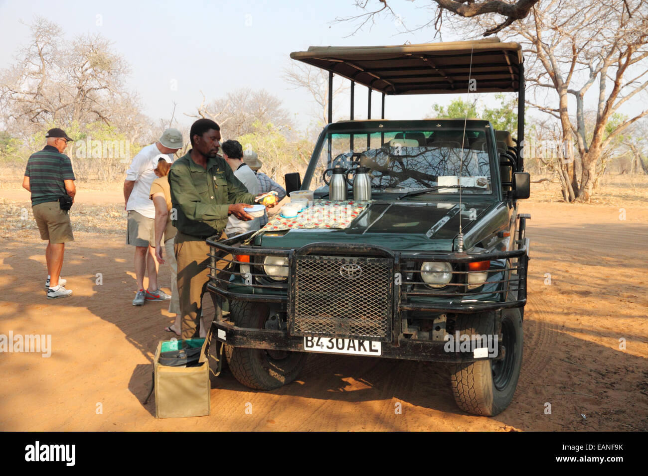 A group of tourists having a refreshment break around a safari vehicle in an African game park. Stock Photo