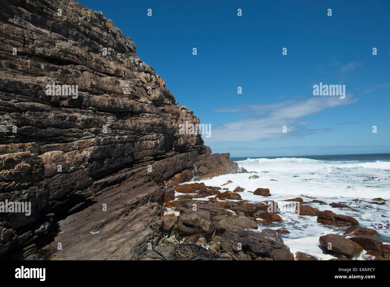 Rocky shoreline leading to the Cape of Good Hope,  Western Cape, South Africa Stock Photo