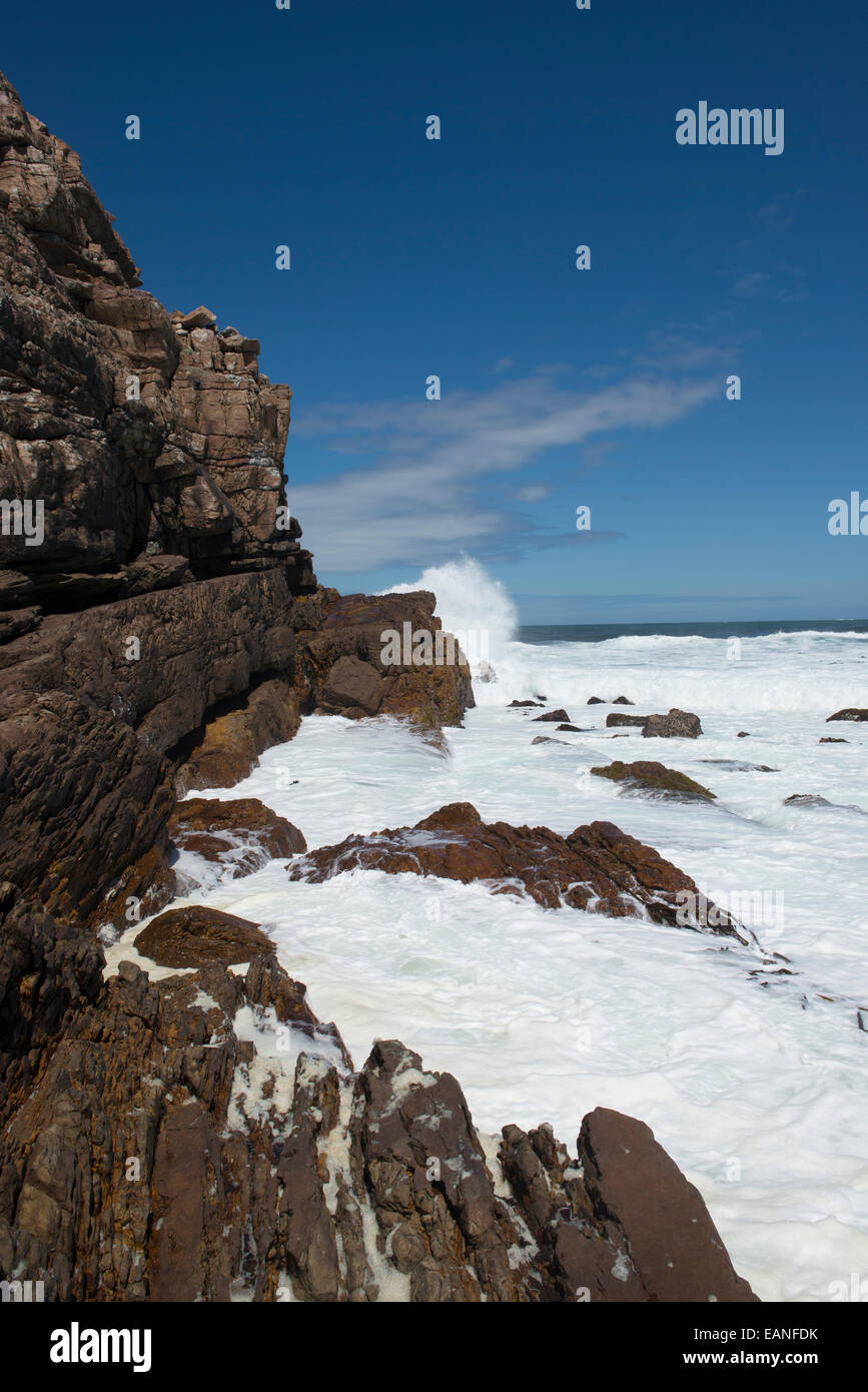 Rocky shoreline with breaking wave leading to the Cape of Good Hope,  Western Cape, South Africa Stock Photo