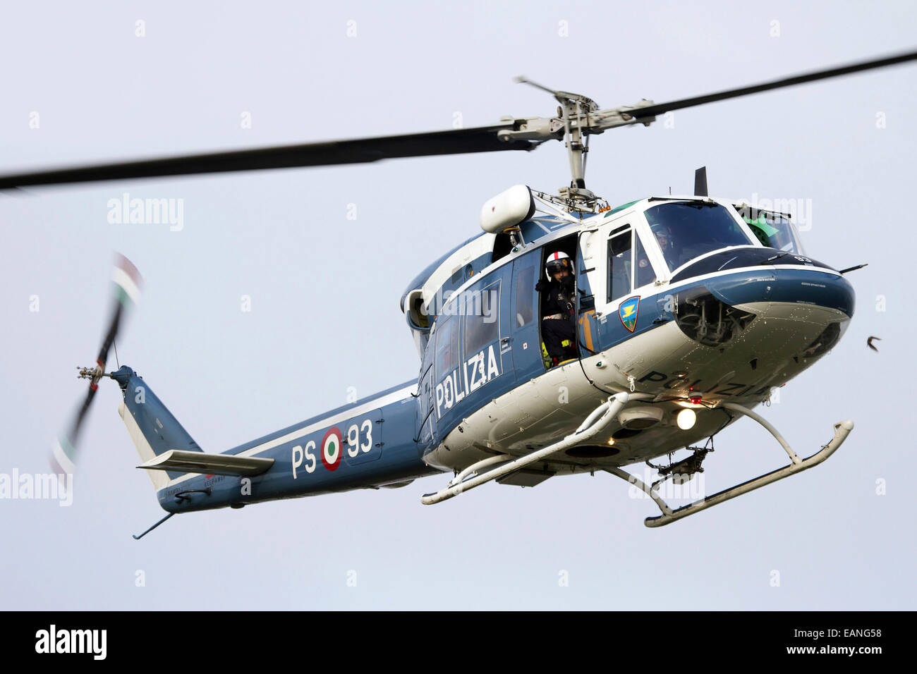 An Agusta Bell 212 of Italy's State Police (Polizia di Stato), in flight over Italy. Stock Photo
