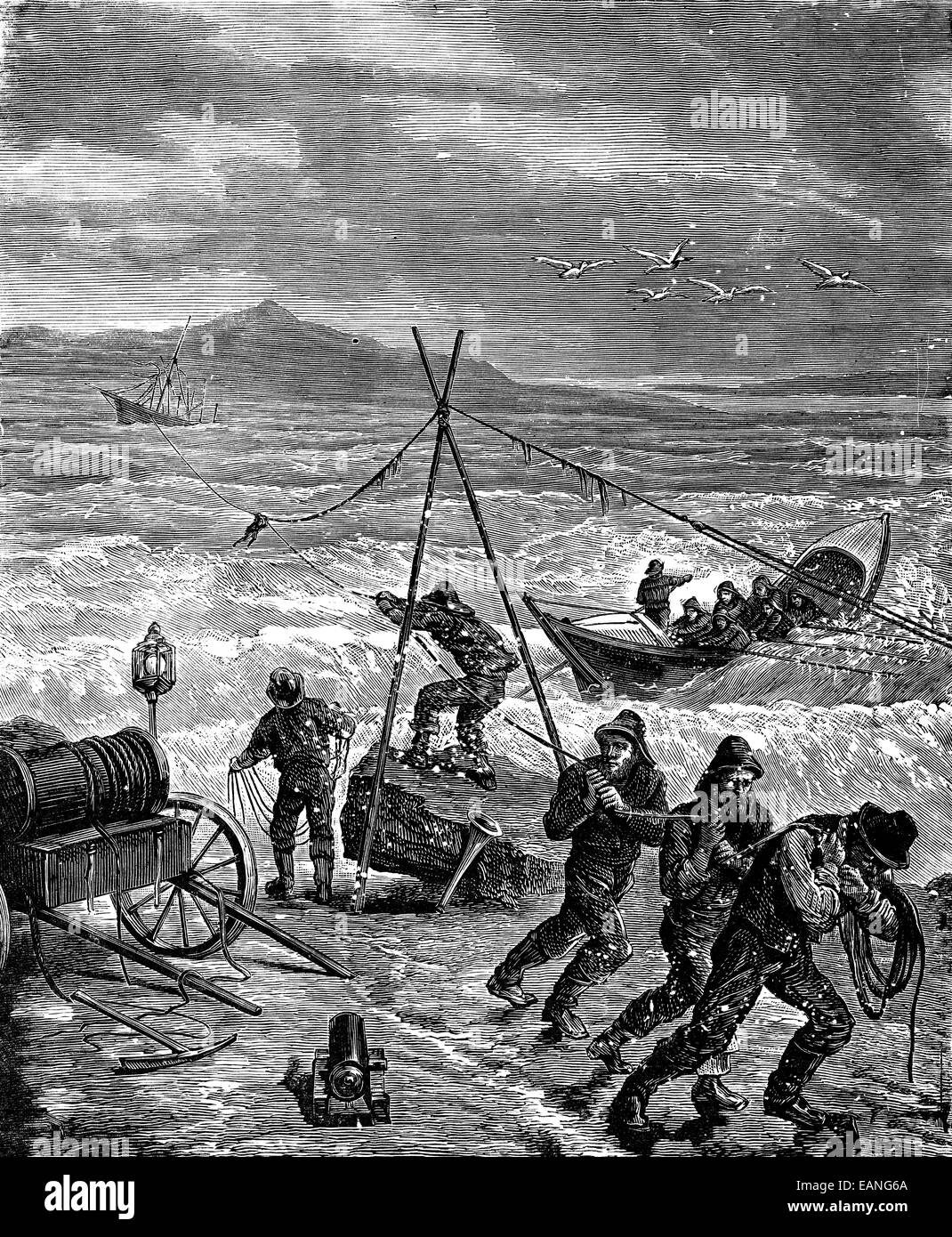 A rescue. The rope is stretched over an anchor, vintage engraved ...