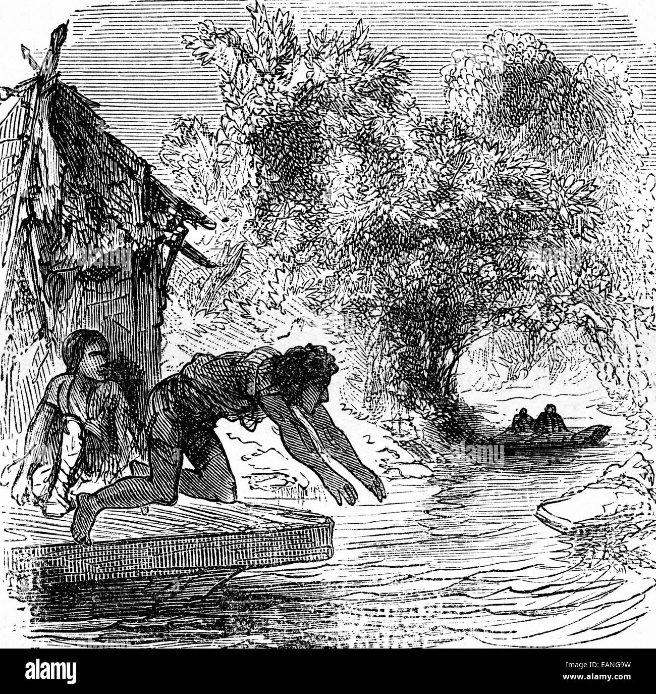 The dramas of India. The enemy of fugitives threw swimming, vintage engraved illustration. Journal des Voyage, Travel Journal, (1879-80). Stock Photo