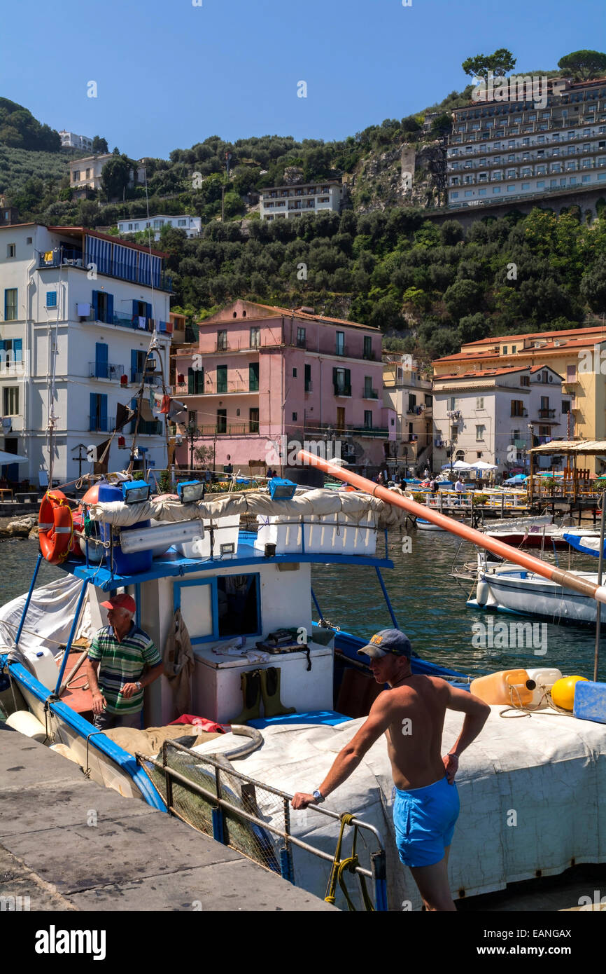 A fishing boat  just arrived with the catch at the historic Marina Grande in Sorrento. Stock Photo