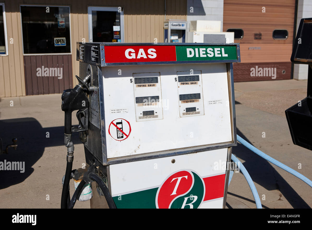 old gas and diesel petrol pump at a rural small gas station hafford Saskatchewan Canada Stock Photo