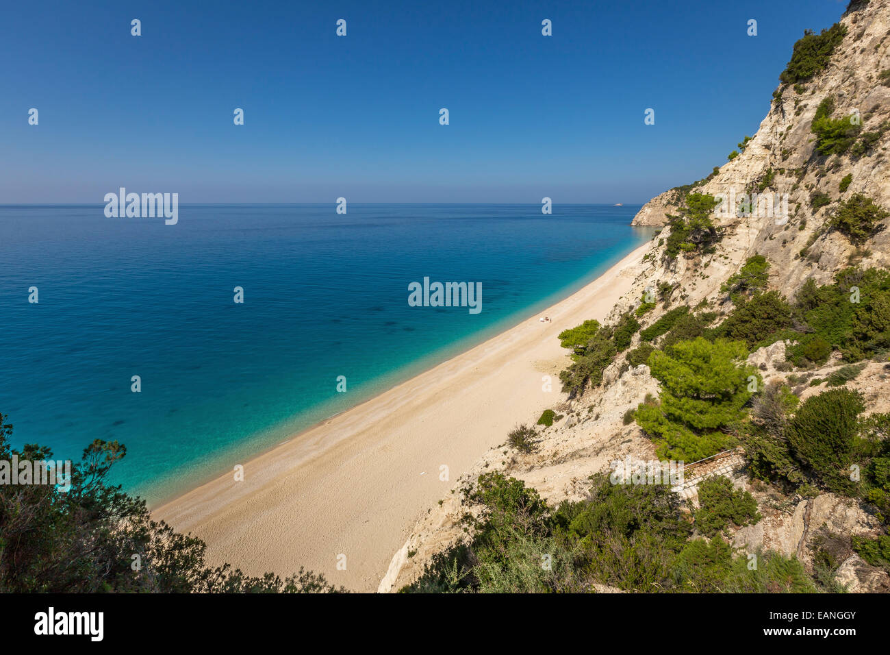 An aerial view of Egremni beach on Lefkada in Greece taken towards the top of the 325 steps leading down to the beach. Stock Photo