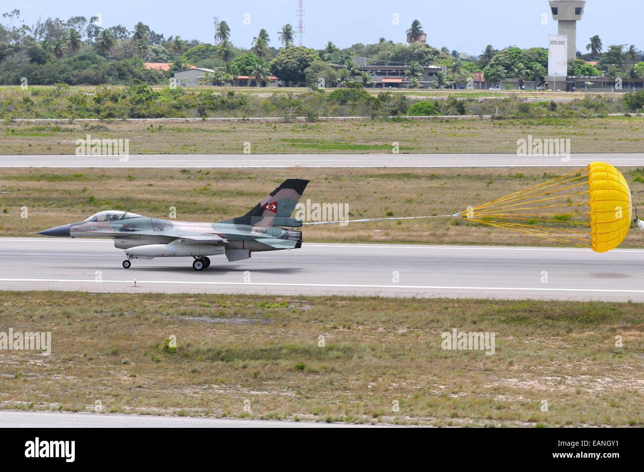 Venezuelan Air Force F-16 landing with parachute brake at Natal Air Force Base, Brazil, during Exercise Cruzex. Stock Photo