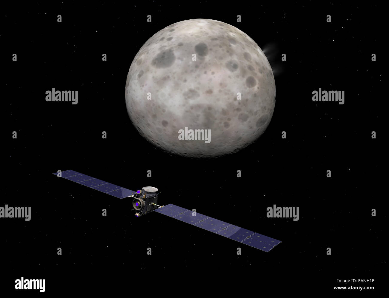 In this image, the Dawn spacecraft's three xenon electrostatic ion thrusters can be seen emitting ionized xenon's characteristic Stock Photo