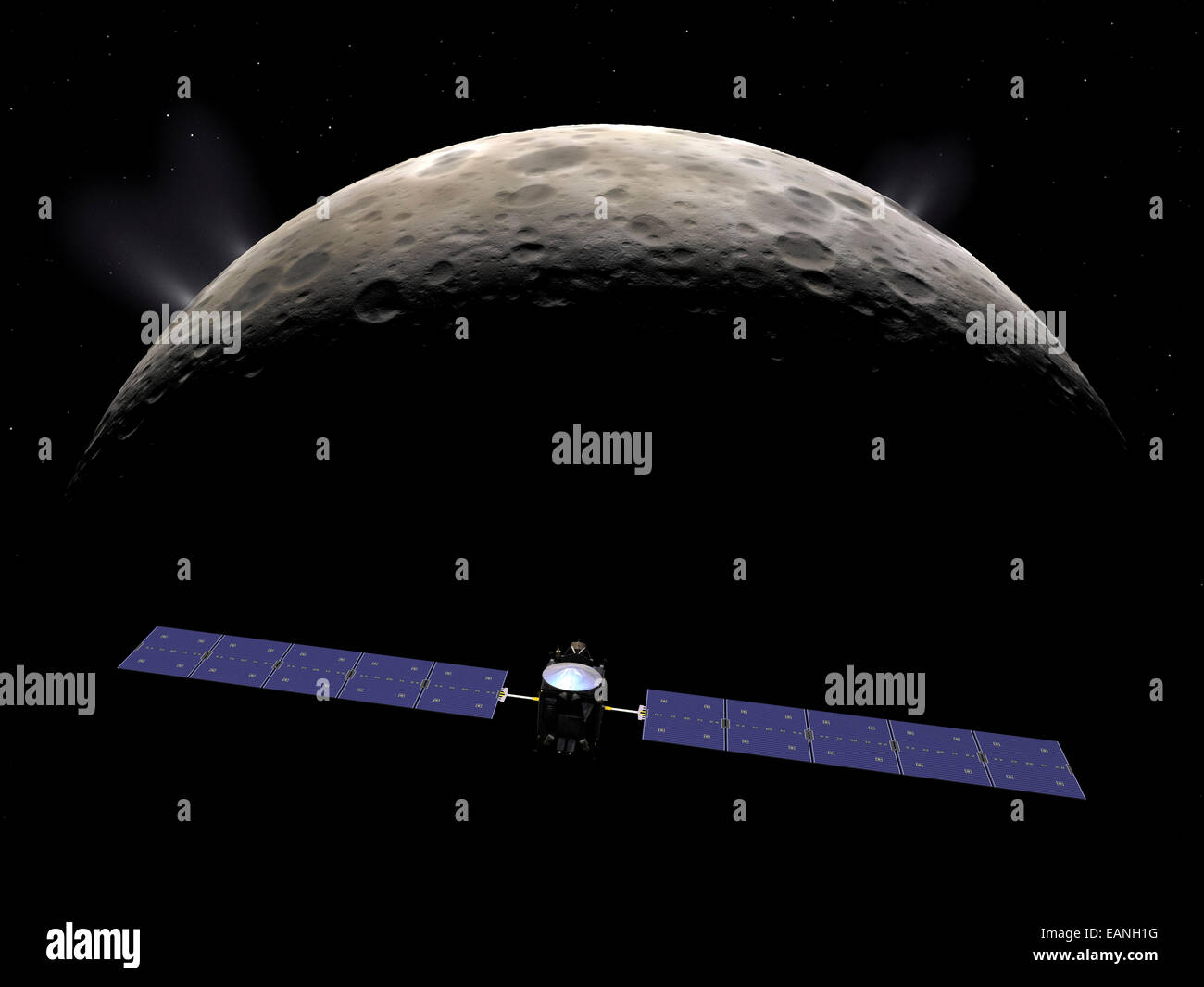 Artist's concept of the Dawn spacecraft entering orbit around the dwarf planet Ceres. In late November 2015 Dawn will descend to Stock Photo