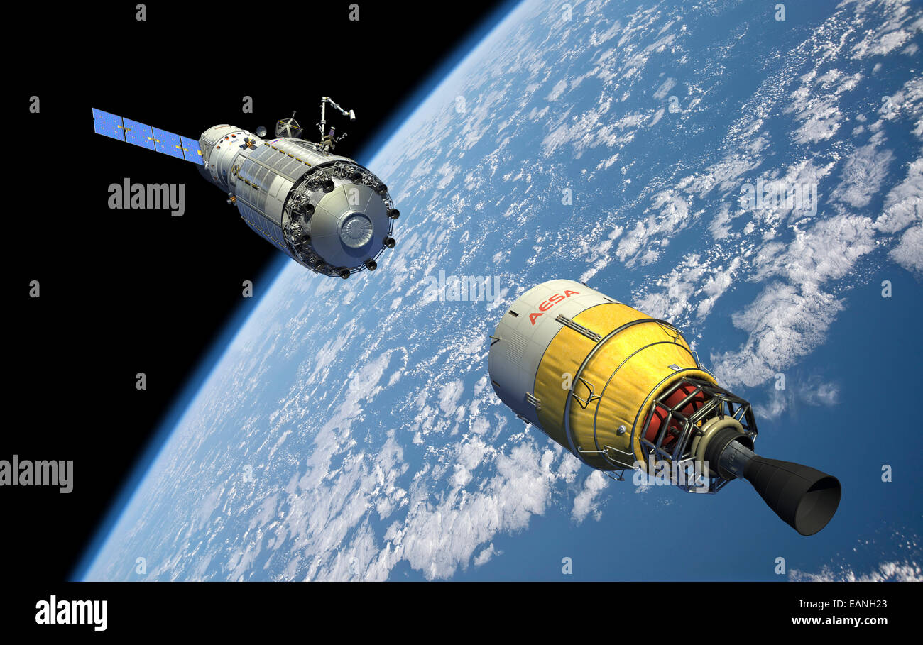 An orbital maintenance platform (OMP) approaches an orbiting booster in low Earth orbit. Once connected the booster will loft th Stock Photo