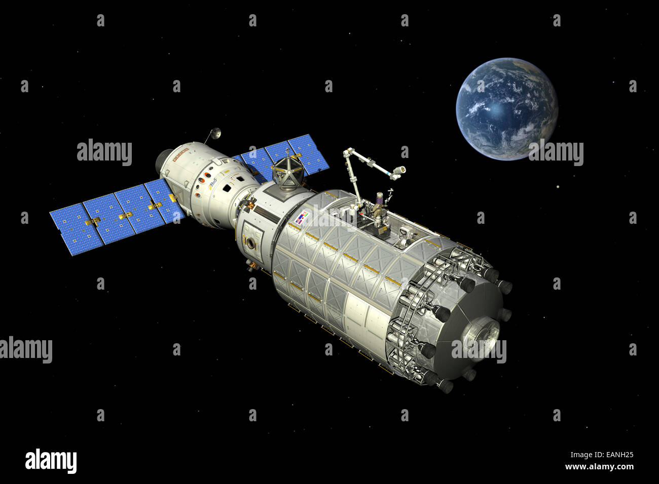 Typical configuration for a manned orbital maintenance platform (OMP) where it is docked with a free-flying crewed spacecraft. T Stock Photo