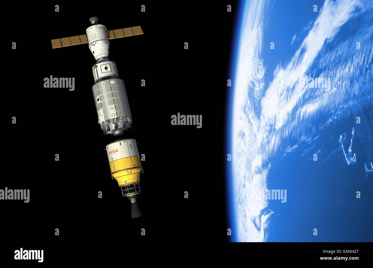 An orbital maintenance platform (OMP) docks an orbiting booster in low Earth orbit. Once connected the booster will loft the OMP Stock Photo