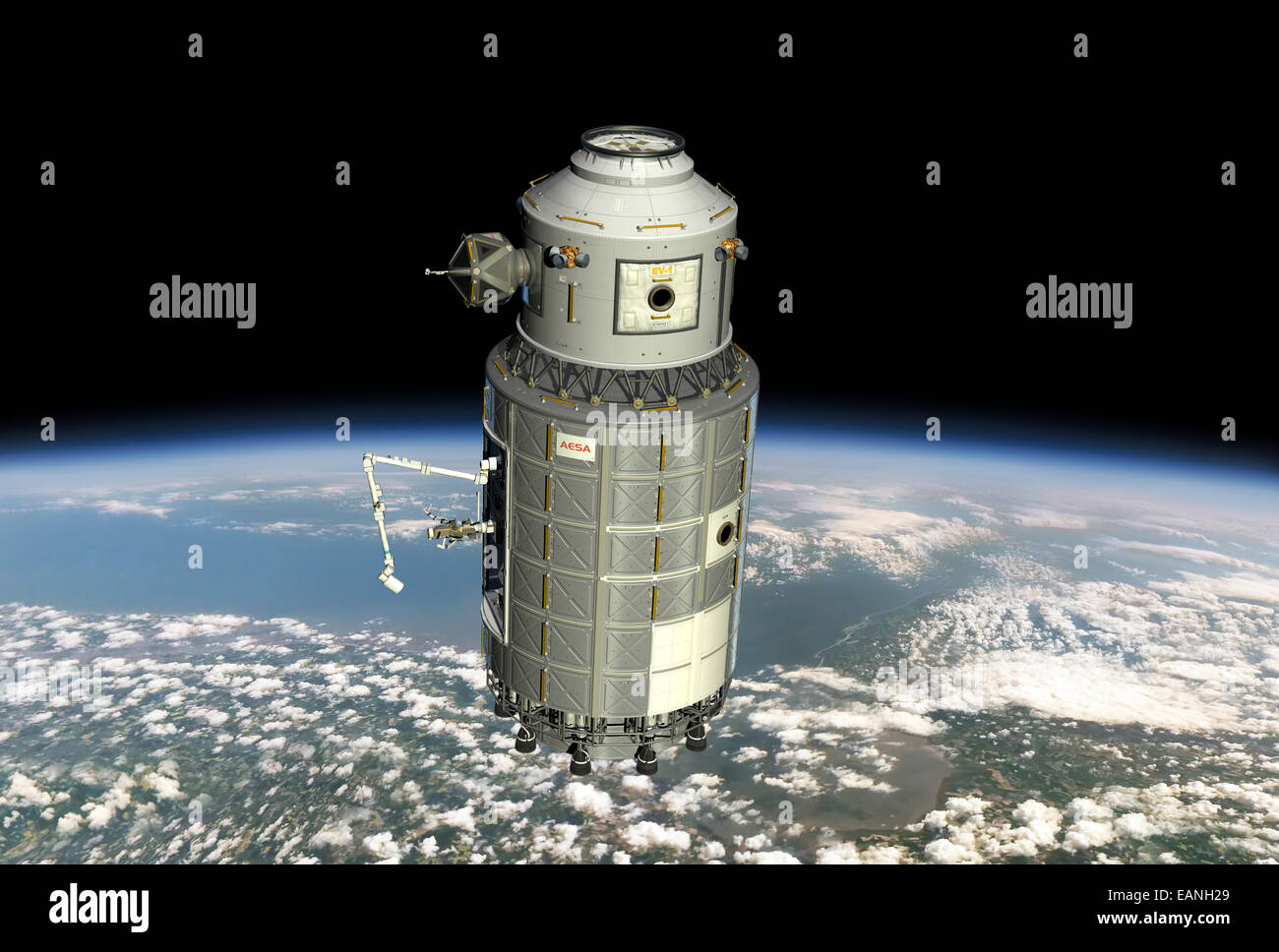 This orbital maintenance platform (OMP) is the artist's conception of a possible solution for providing manned access to Earth-o Stock Photo