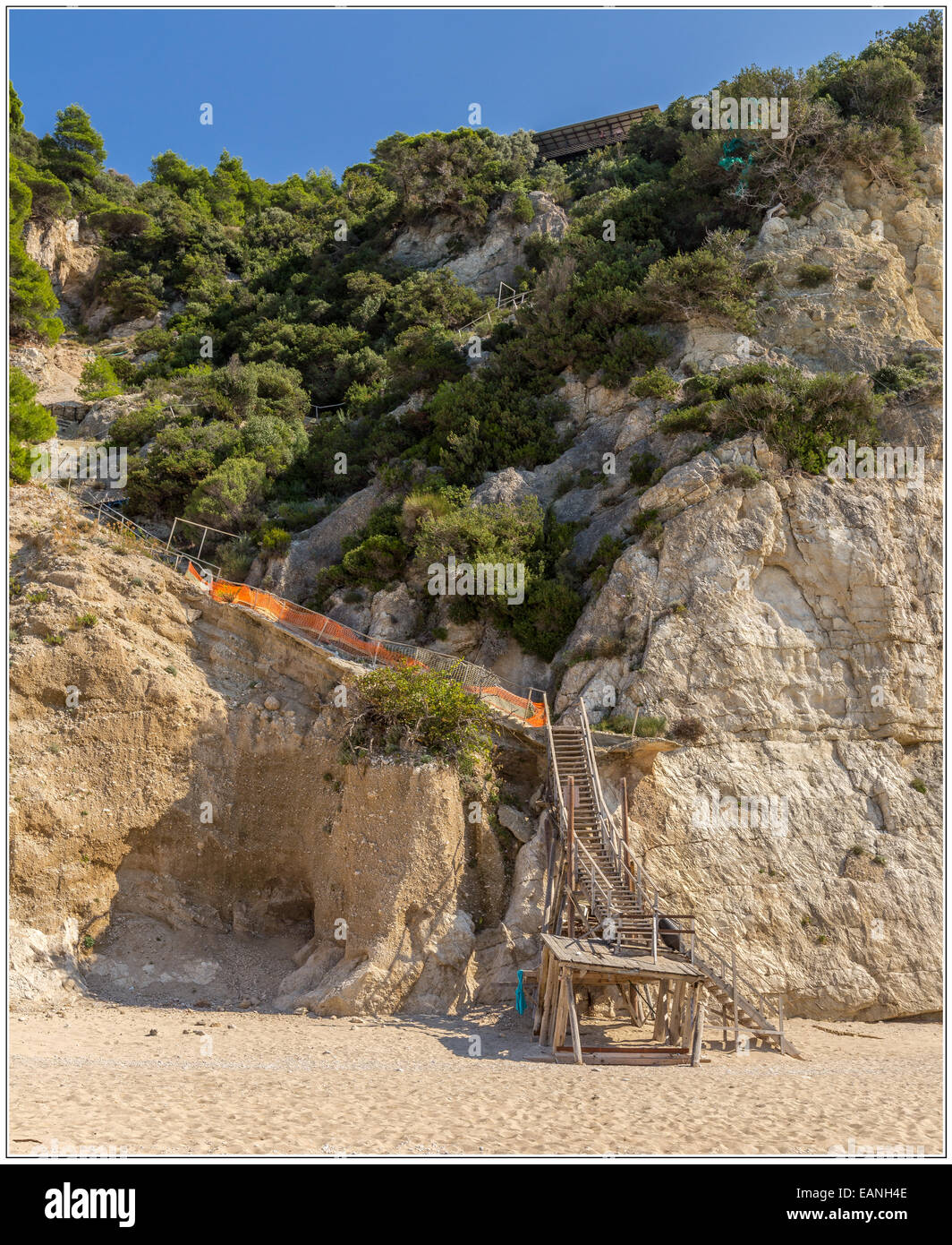 The 325 steps leading down to Egremni Beach on the west coast of Lefkada in Greece. Stock Photo