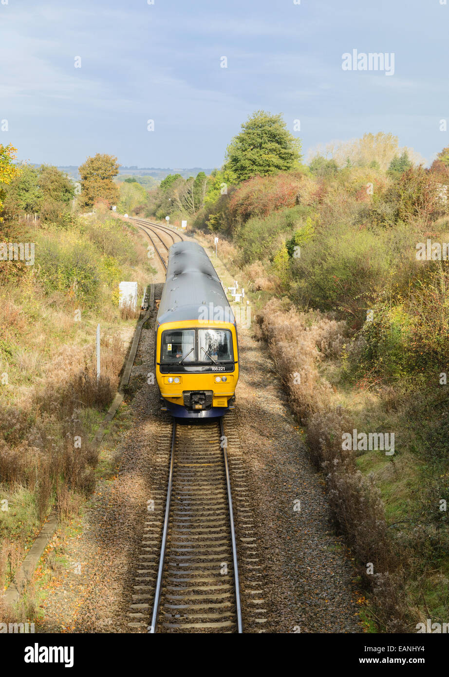 First Great Western train travelling on single track Cotswold line