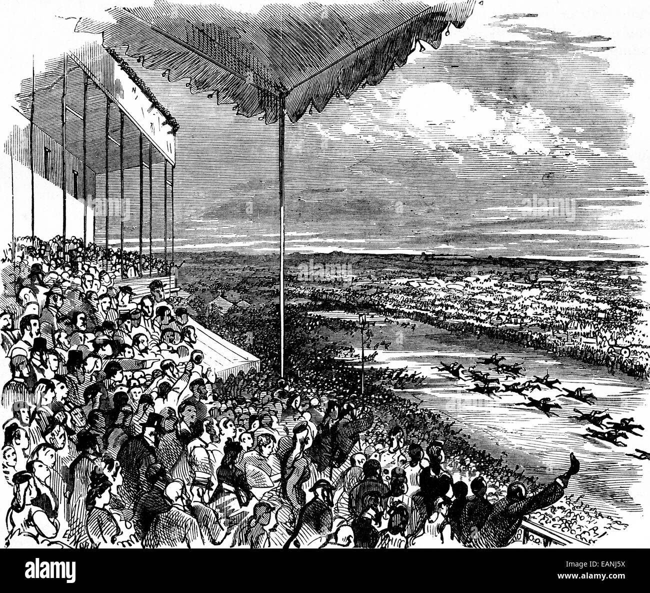 The large stand during a race, vintage engraved illustration. Journal des Voyage, Travel Journal, (1879-80). Stock Photo