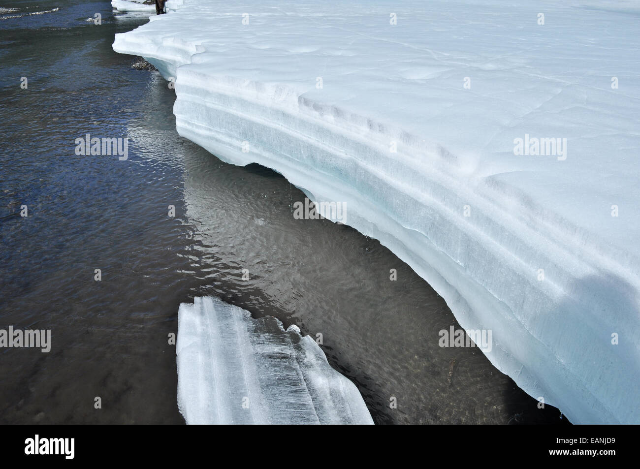 Summer, glaciers, ice. Riverbed Yakut rivers ice does not melt even in