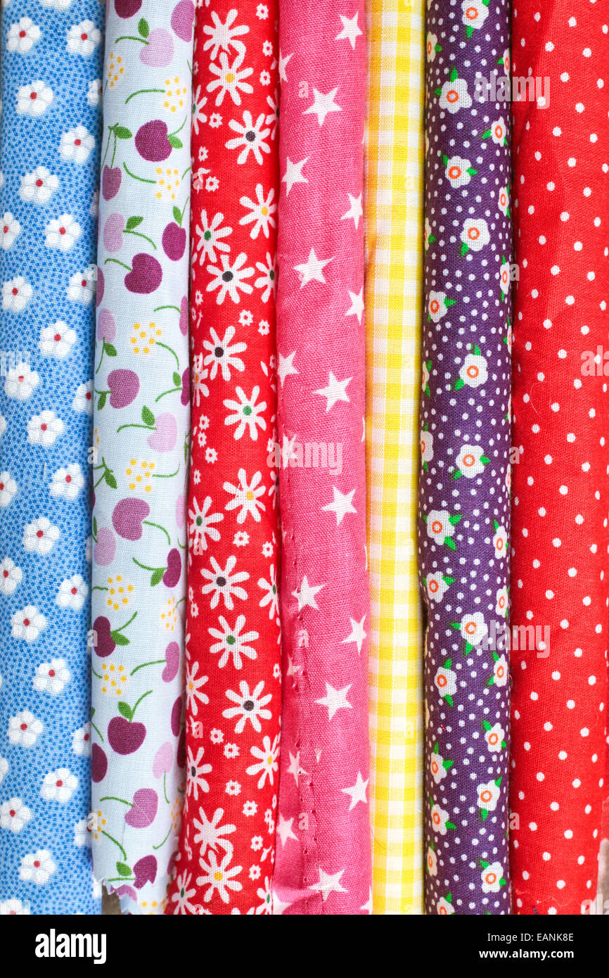 Rolls of colorful patterned fabric Stock Photo