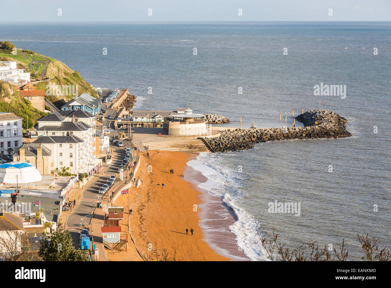 seafront promenade and sandy beach with gently breaking waves at ventnor EANKMD