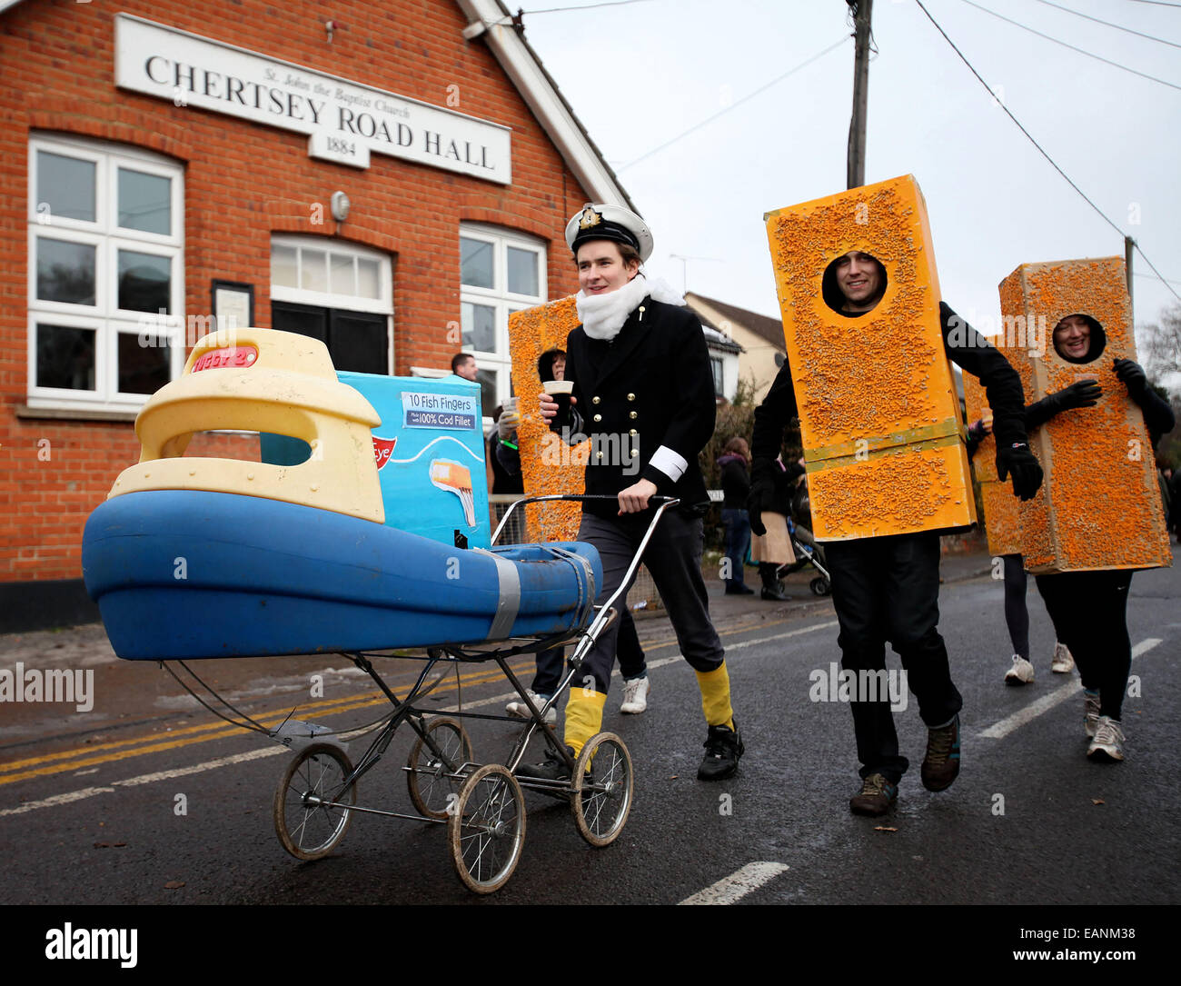 A competitor dressed as Captain Birds Eye takes part in the annual Windlesham Pram Race. Stock Photo