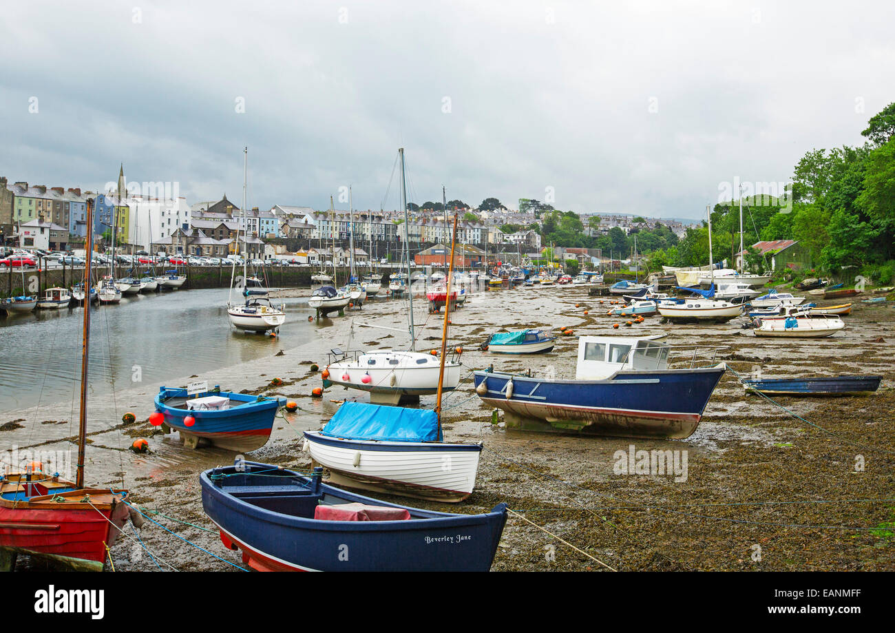 River Seiont harbour and colourful boats at low tide with buildings of  Welsh town of Caernarfon in distance under stormy sky Stock Photo