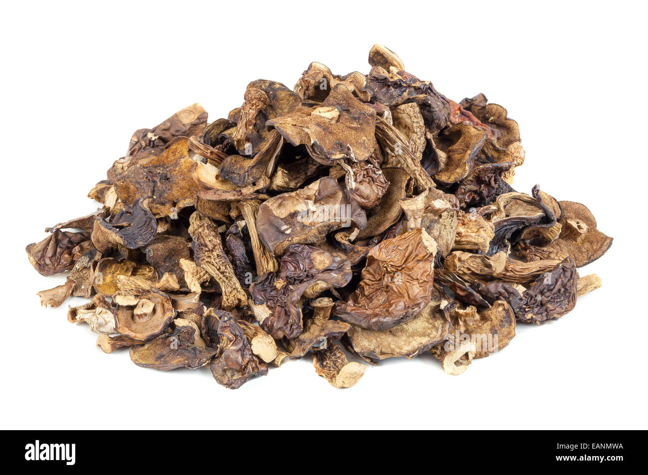 Heap of dried mushrooms isolated on white background with clipping path Stock Photo