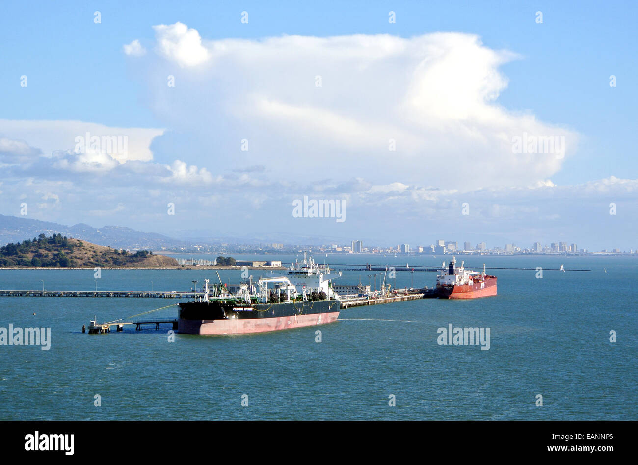 oil tankers and freighters dock at the Richmond California pier Stock Photo