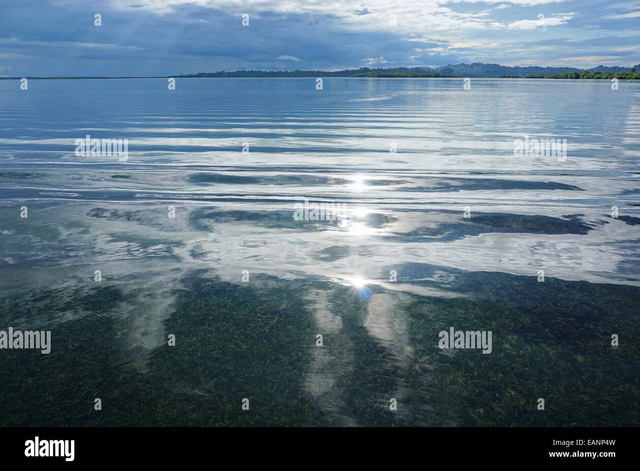 Sunlight reflected on calm water surface with cloudy sky and islands at the horizon, Dolphin bay, archipelago of Bocas del Toro, Stock Photo