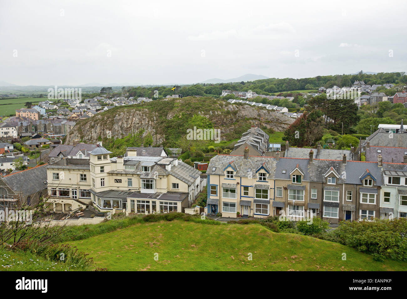 View, from hilltop castle, of historic Welsh town of Criccieth Stock Photo