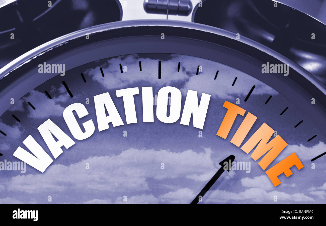 Vacation time concept on a clockface to symbolize that its time to get away for some rest and recuperation. Stock Photo