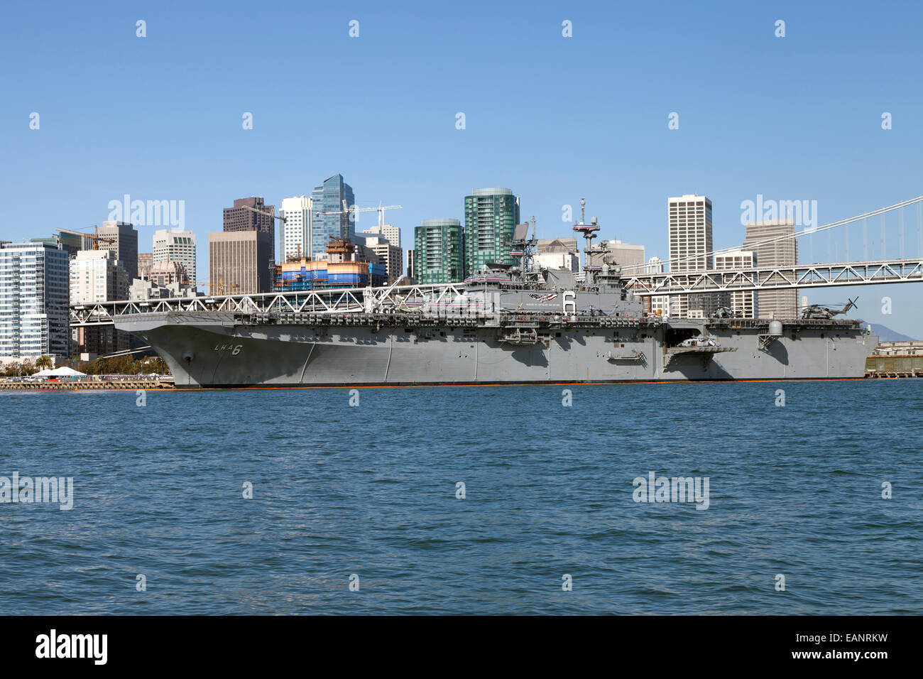 USS America (LHA 6) docked along the San Francisco waterfront on October 11, 2014, the day of her commissioning. Stock Photo