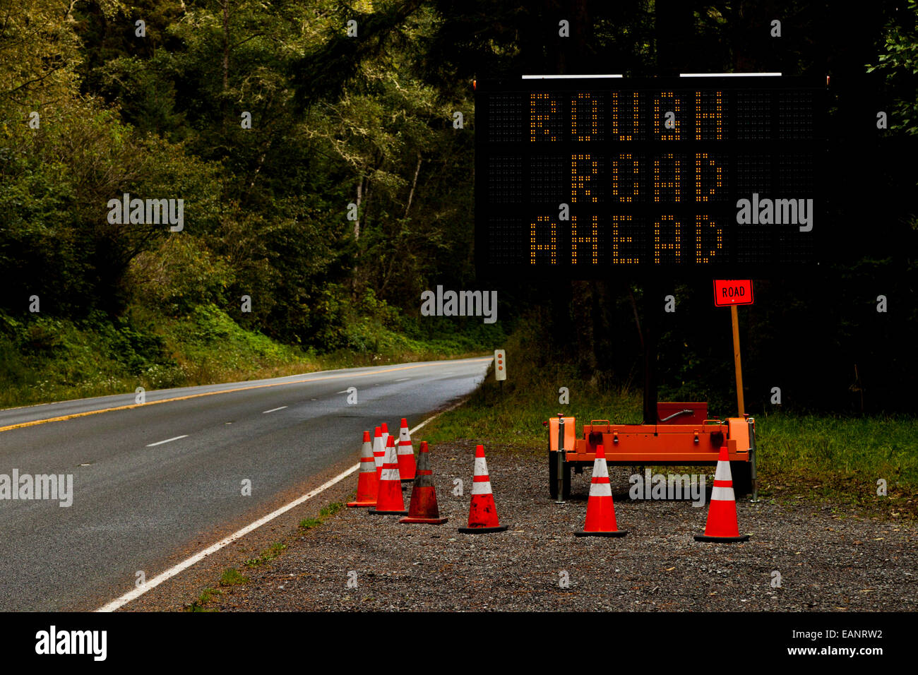 Rough Road Ahead sign, California USA Stock Photo