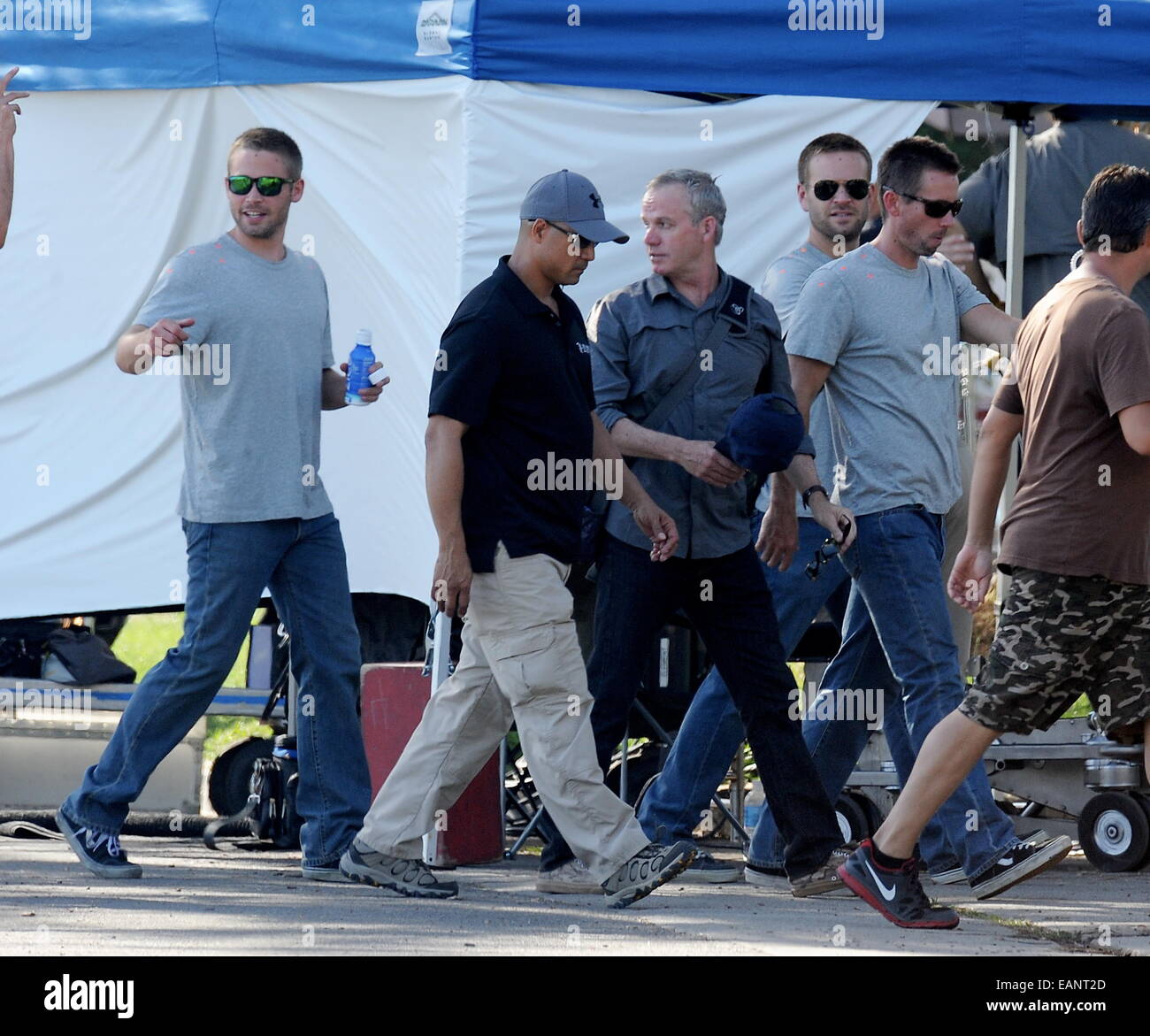 Jordana Brewster was spotted on the set of 'Fast and the Furious 7' with Cody and Caleb Walker. The Walker brothers are on set to help finish the last portion of the movie after their brother Paul Walker's death. To finish one scene, 3 body doubles for Pa Stock Photo