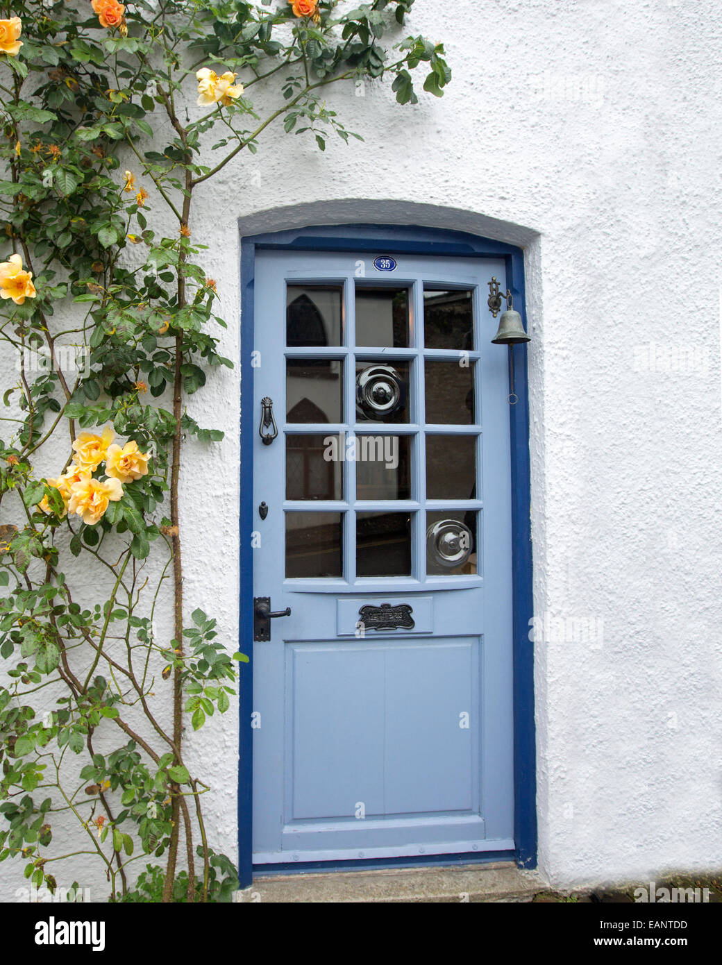 Pale blue cottage door with gleaming glass surrounded by white walls & climbing roses with yellow flowers, in Welsh village Stock Photo