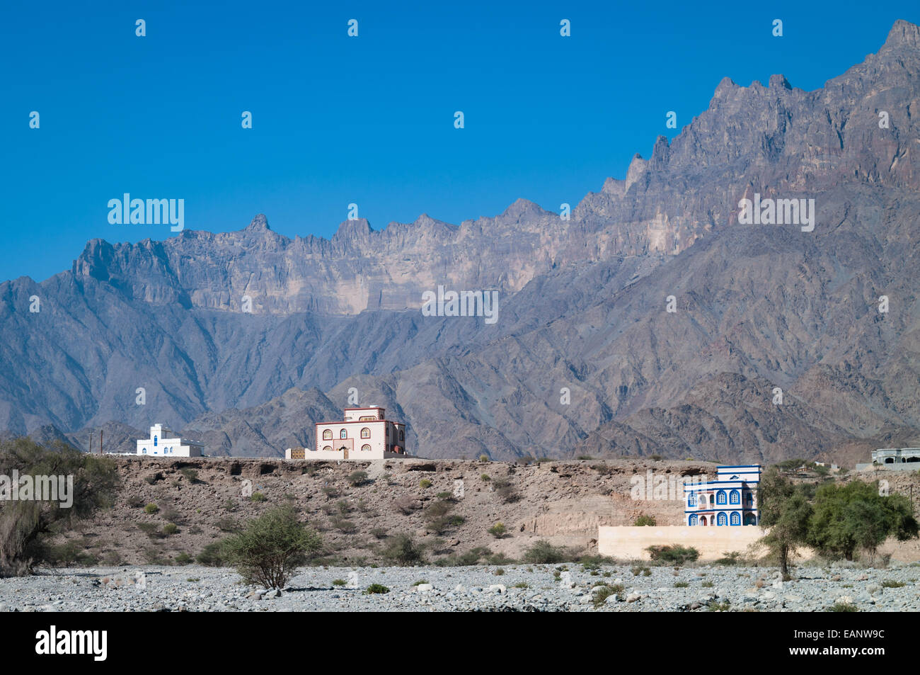 Typical contemporary houses in Wadi As Sahtan, Oman. Stock Photo