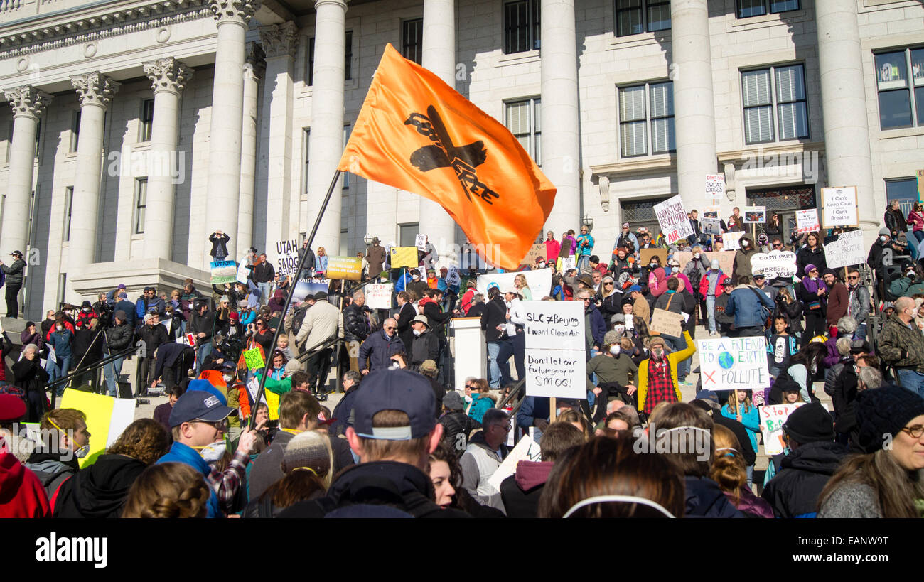 Salt Lake City, UT - January 25, 2014. A crowd gathers on the steps of the Utah state capital building to rally for new laws to Stock Photo